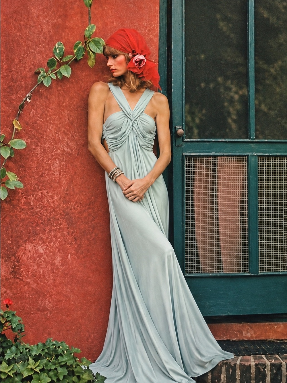 Vintage 70s Goddess Ethereal Ice Blue Draped Ruched Romantic Maxi Dress